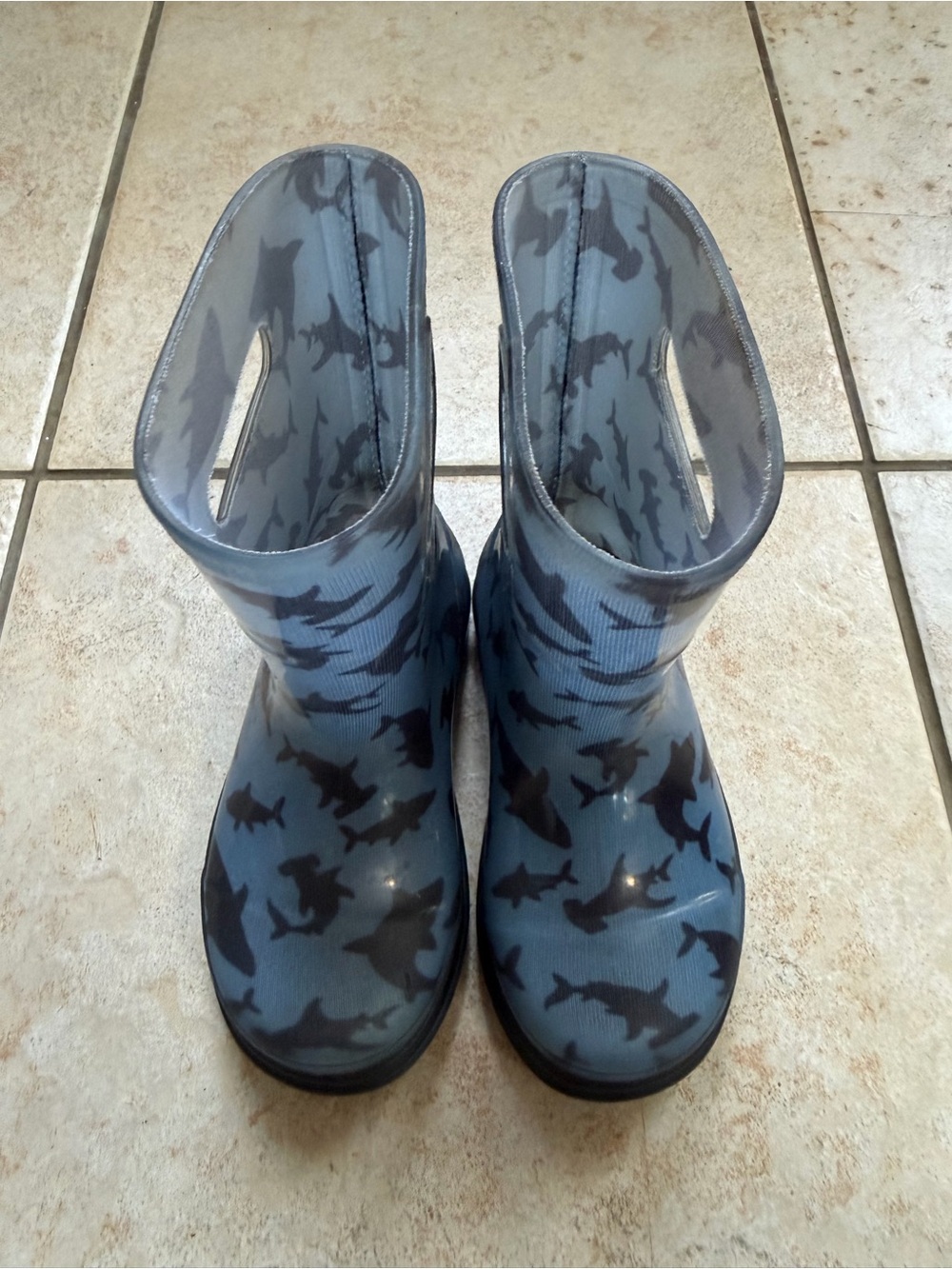 Kids' Blue Shark Print Waterproof Rain Boots with Easy Pull Handles